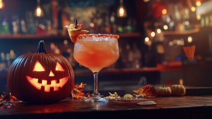 A delicious margarita and a halloween pumpkin in a cocktail promo, restaurant advertising