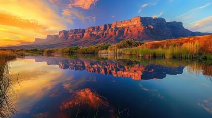 Sticker - Table Mountain with a vibrant sunrise, casting colorful reflections and shadows on the flat top and surrounding cliffs