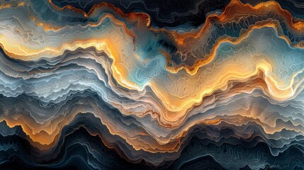  Abstract patterns of blue and orange waves create a dynamic landscape in a digital artwork
