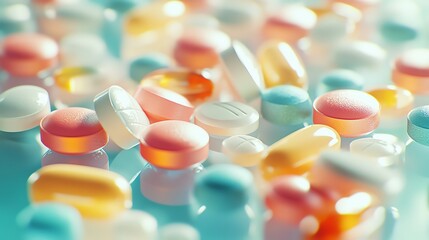 A close-up shot of various colorful pills and tablets scattered on a surface, representing medicine and pharmaceutical concepts.