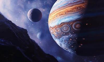 Wall Mural - Planetary Landscape with Moons and Distant Galaxy