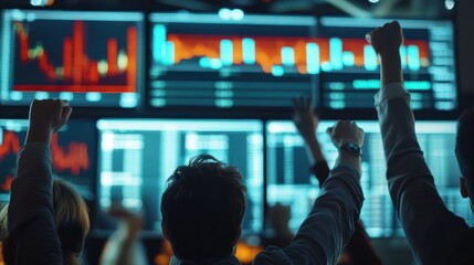 closeup of people cheering for the stock prices and chart showing inclining on big glass screens, at the stock market office