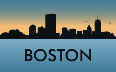 Wall Mural - Boston. The city skyline. Silhouettes of buildings. The sunset of the day. Vector on a blue background