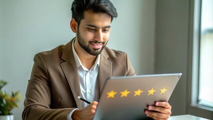 Wall Mural - An Indian marketing executive reviewing and analyzing customer feedback to improve marketing strategies, often shown with feedback reports or surveys.
