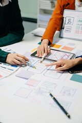 Wall Mural - ux developer and ui designer brainstorming about mobile app interface wireframe design with customer