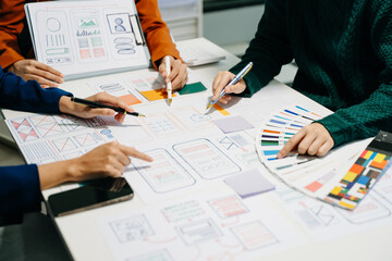 Wall Mural - ux developer and ui designer brainstorming about mobile app interface wireframe design with customer