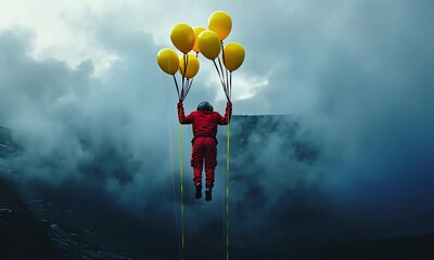 Wall Mural - astronaut holding yellow balloons in foggy landscape