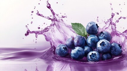 A dynamic splash of blueberry juice with fresh berries creates an energetic and vibrant scene on a white background. The splashes create a lively atmosphere, highlighting the freshness and vitality