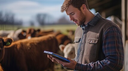 Canvas Print - Farmer monitoring livestock with sensor technology, optimizing animal health in agriculture.