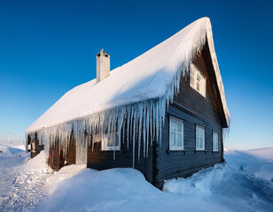 Landscape with a small isolated house on a field with big snow, perfect as wallpaper