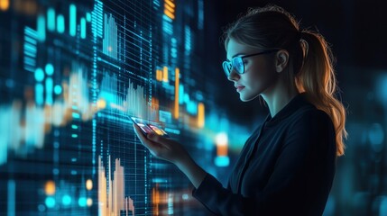 Wall Mural - Businesswoman holding futuristic tablet at hi-tech glowing hologram candle charts graphs business data analysis in dark room Caucasian female in suit eyeglasses