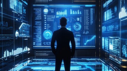 Wall Mural - Businessman looking at futuristic screen with glowing hologram charts graphs massive amount of business data in dark room Caucasian male in suit