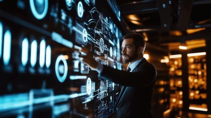 Businessman touching futuristic screen with hologram charts graphs business data in dark server room Caucasian male in suit