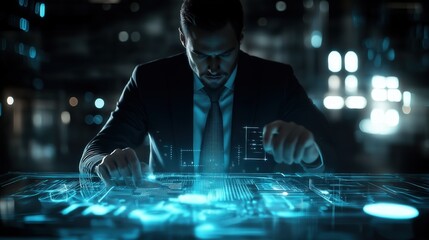 Businessman touching futuristic hologram screen on table in dark room Caucasian male in suit working with chart graphs