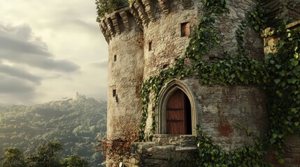 Wall Mural - The intricate details of an ancient castle tower, with ivy climbing its weathered stone walls and a panoramic view from the top