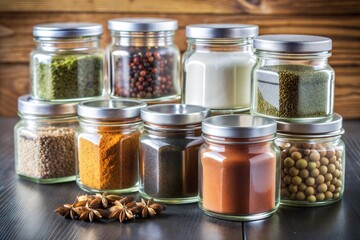 Spice Up Your Life: A captivating still life of assorted spices in glass jars, arranged against a rustic wooden backdrop. The vibrant colors and textures of the spices evoke a sense of warmth, invitin