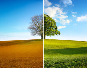 Tree alone half autumn and half spring season