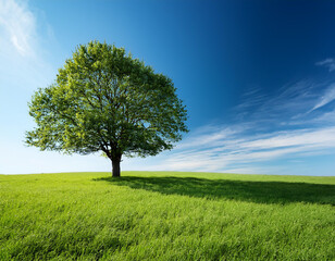 Poster - Landscape with a lonely isolated tree on a field with green grass, perfect as a wallpaper