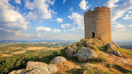 Poster - The majestic view of a historic stone tower perched on a hill, offering panoramic views of the surrounding countryside