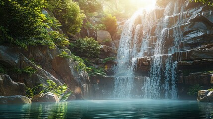 Wall Mural - The majestic waterfall cascades down a rocky cliff into a tranquil pool,