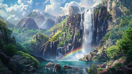 Wall Mural - The majestic waterfall cascades over a rugged rock face, with the water creating a fine mist