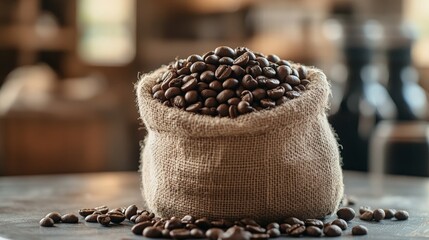 Burlap sack filled with dark roasted coffee beans against a dark, textured background