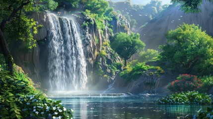 Canvas Print - The majestic waterfall crashes down a steep cliff, with the surrounding landscape featuring lush greenery