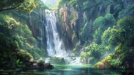 Canvas Print - The majestic waterfall crashes down a steep cliff, with the surrounding landscape featuring lush greenery