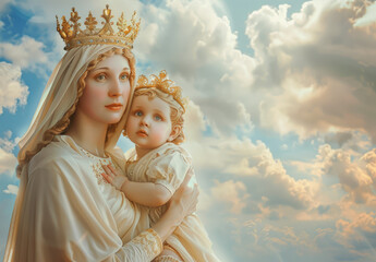 Wall Mural - A beautiful portrait of the divine mother Mary, with her child Jesus in her arms and wearing a crown on her head