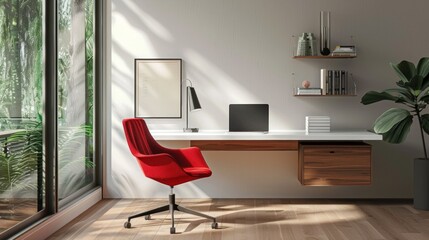 Wall Mural - Modern Home Office with Red Chair and White Desk