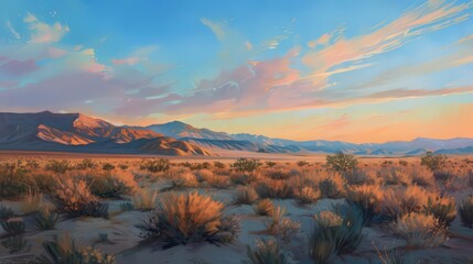 Poster - The peaceful desert twilight reveals a serene landscape with the soft, cool blues of the evening sky contrasting against the warm,