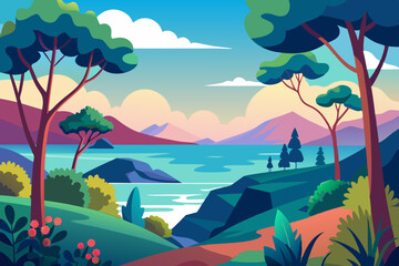 landscape with trees and sea vector illustration