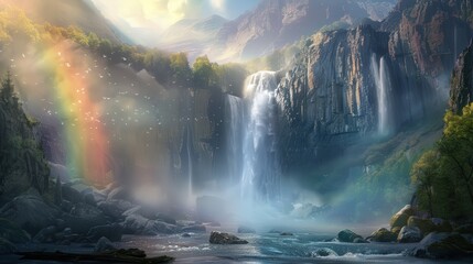 Wall Mural - The powerful waterfall spills over a dramatic rock face, sending a mist into the air