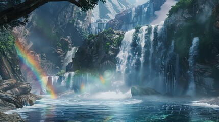 Canvas Print - The powerful waterfall spills over a dramatic rock face, sending a mist into the air