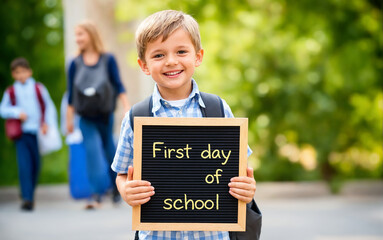 Happy schoolboy holding first day of school sign outside school