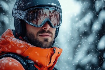 Young man wearing ski goggles standing in a snowy forest