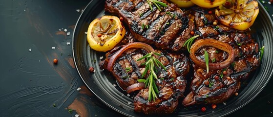 Wall Mural - Tender steak garnished with sautéed onions and lemon slices, beautifully presented on a sleek black plate