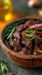 Wall Mural - Tender grilled steak garnished with fresh herbs and colorful vegetables served on a rustic plate, perfect for a cozy dinner