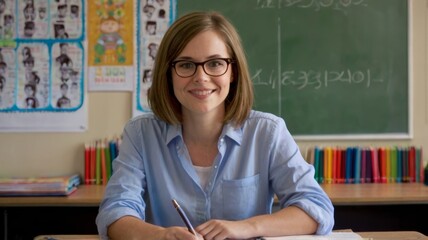 young woman teacher wearing glasses sitting at school