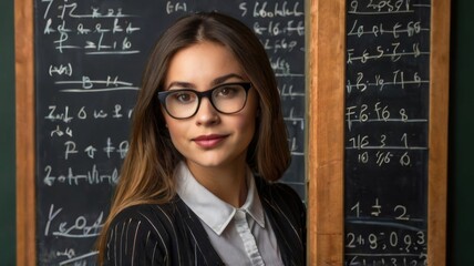 young woman teacher wearing glasses sitting at school