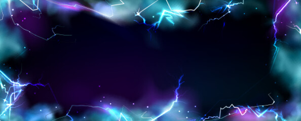 Wall Mural - color lightning frame isolated on black background. vector realistic illustration of thunderbolt bor