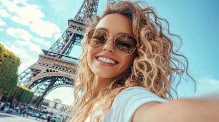 Young beautiful woman taking selfie in front of the Eiffel tower