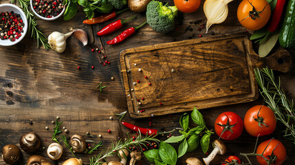 variety of fresh vegetables and herbs, including tomatoes, peppers, mushrooms, and garlic, with a wooden cutting board in the center