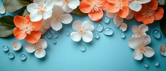 Wall Mural - Beautiful Spring Blossoms with Water Droplets on Blue Background - Nature and Floral Photography