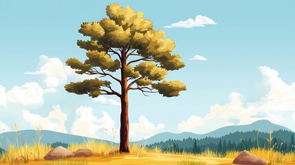 Single tree with green leaves on a hilltop with a blue sky, white clouds, and distant mountains.