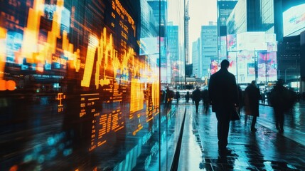 Wall Mural - double exposure image of stock market investment graph and city on background, concept of business investment and stock future trading