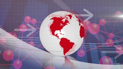 Poster - Rotating globe with red continents and arrows, global network animation