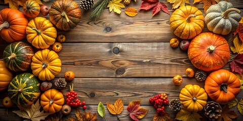 Wall Mural - Autumn Corner Border Banner of Pumpkins, Gourds and Fall Decor on a Rustic Wood Background With Copy Space