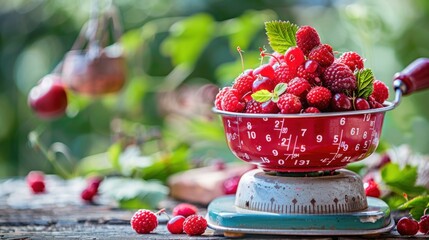 Sticker - Red Berries on a Vintage Scale in a Rustic Setting