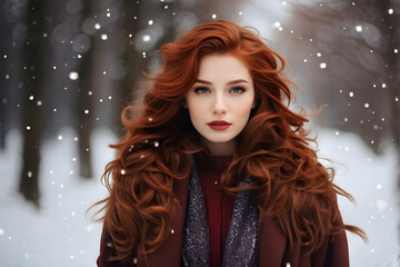 Wall Mural - A woman with long red hair is standing in the snow